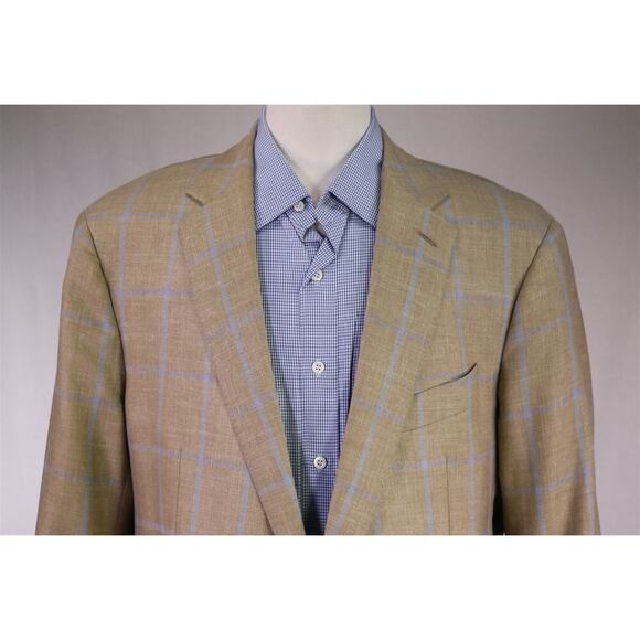 Faconnable by R. Caruso Lt Brown w/ Sky Blue Windowpane Wool-Silk Sportcoat 48L - Picture 3 of 12